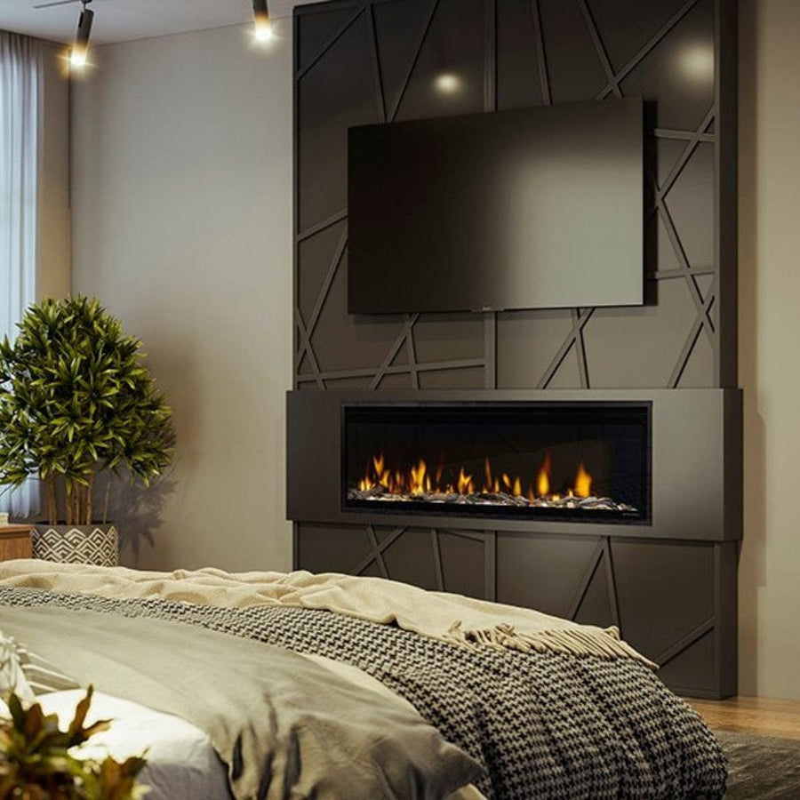 Dimplex Ignite Evolve 50-Inch Built-In Linear Electric Fireplace in a bedroom