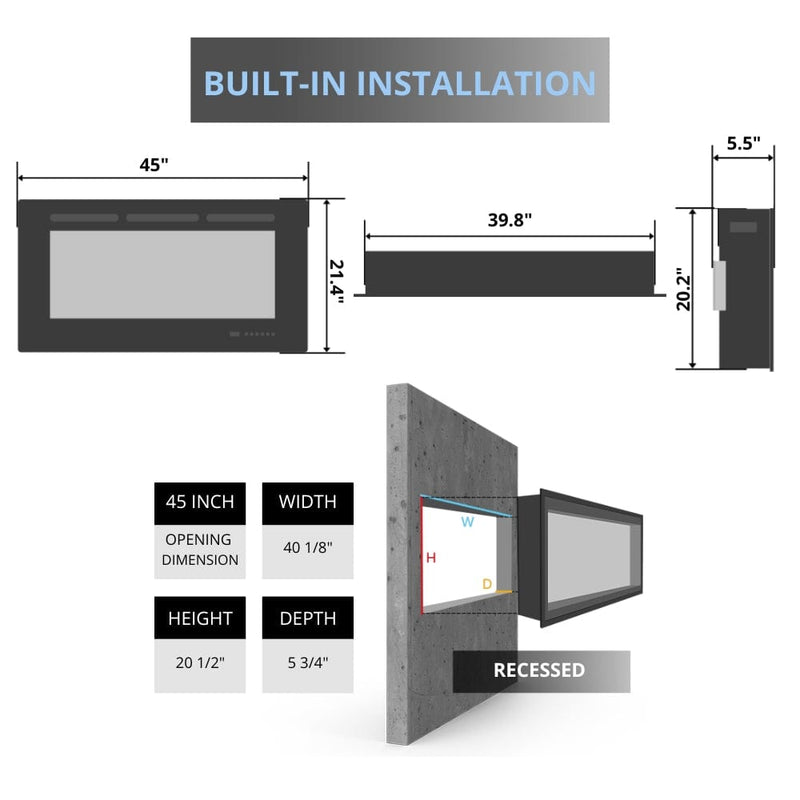 Touchstone Sideline 45-Inch Built-In/Wall Mounted Electric Fireplace